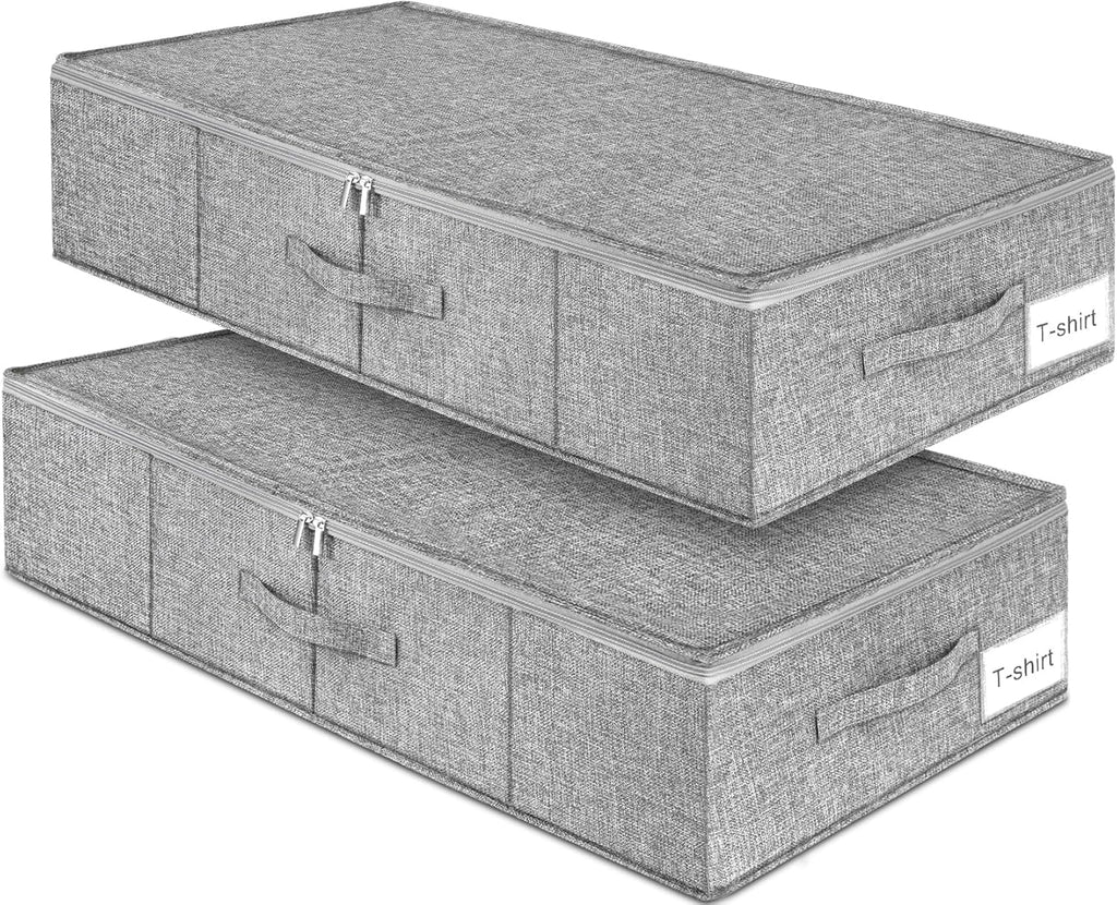 Under Bed Storage - 2 Pack Foldable Container Bags With Lid | Sturdy Clothes Organizer, 30x15x6.7 Inch, Grey