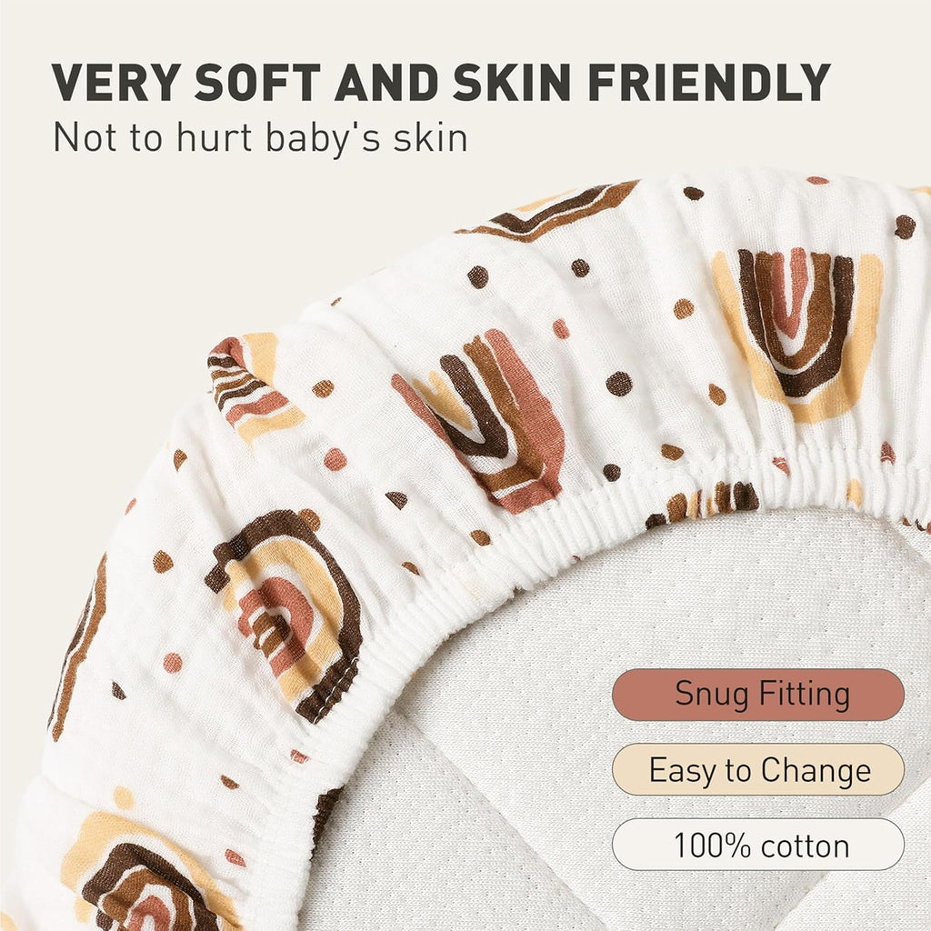 Skiennix Muslin Bassinet Fitted Sheets - Soft Cotton Baby Mattress Sheet Set, 360° Elastic Fit | Cute Rainbow Design