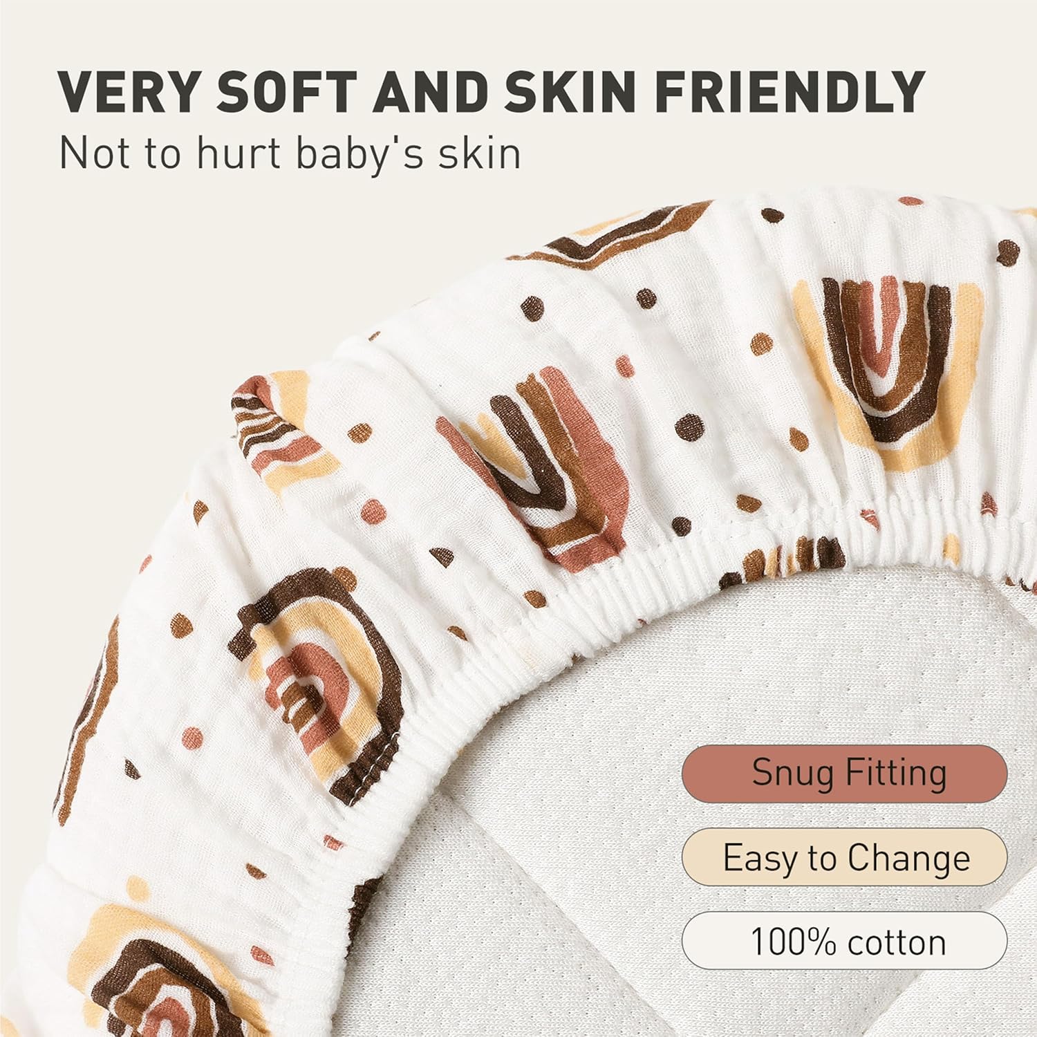 Skiennix Muslin Bassinet Fitted Sheets - Soft Cotton Baby Mattress Sheet Set, 360° Elastic Fit | Cute Rainbow Design