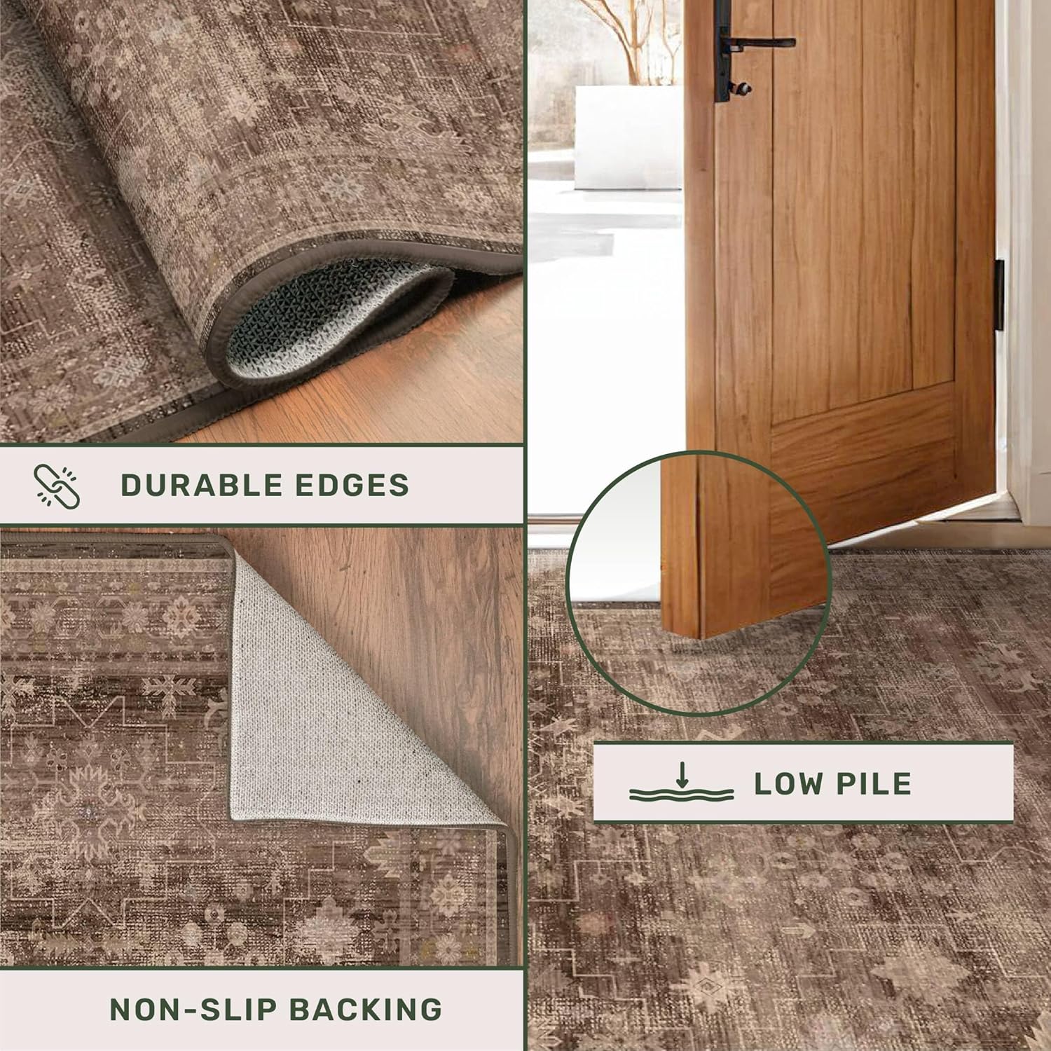 Regine Switzerland Brown Washable Long Runner Rug - Non-Slip Rubber Backing | 3x8 ft Boho Vintage Design for Hallways & Entryways