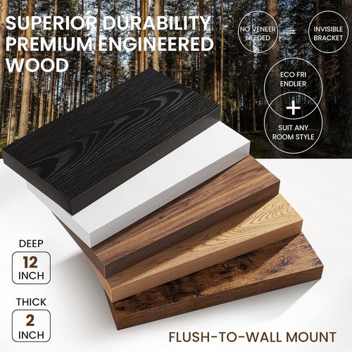 Fun Memories 12-Inch Deep Black Floating Shelf - Rustic Wood Wall Shelf for Storage & Display | 2-Pack