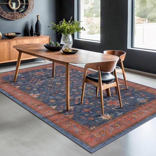 Hazo Haus Washable Navy Blue Area Rug - 7x10 Non-Slip, Stain Resistant for Living Room & Bedroom | Boho Home Decor