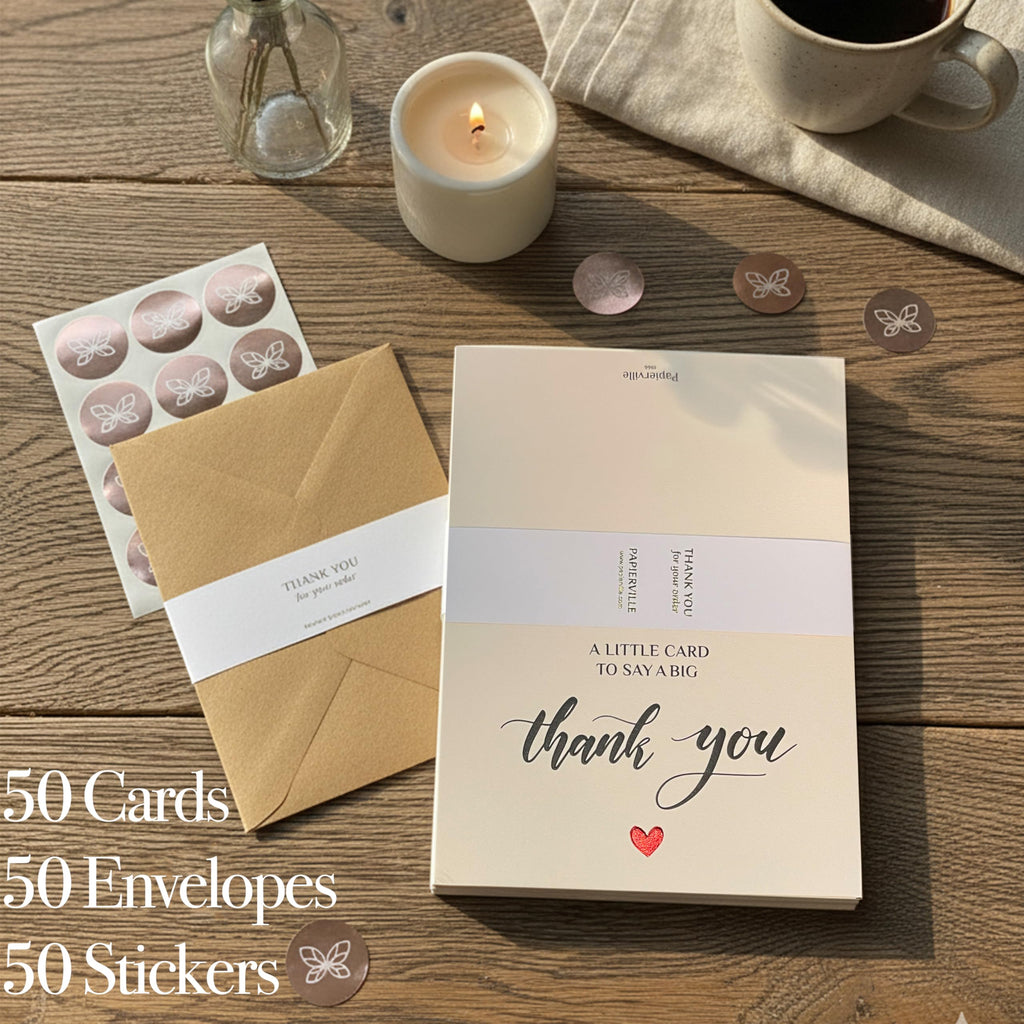 Papierville 50 Embossed Thank You Cards with Envelopes & Stickers – Ivory Folded Notecards 4x6, Elegant Textured Cardstock for Weddings, Baby Shower & Business, “A Little Card to Say a Big Thank You”