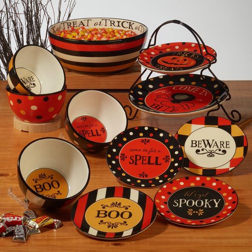 Spooky Halloween Canape Plates – Set of 4 Ceramic 6" Plates with Festive Sayings: BOO, Let’s Get Spooky, Beware & Come In for a Spell – Mini Plates for Halloween Snacks, Treats & Décor