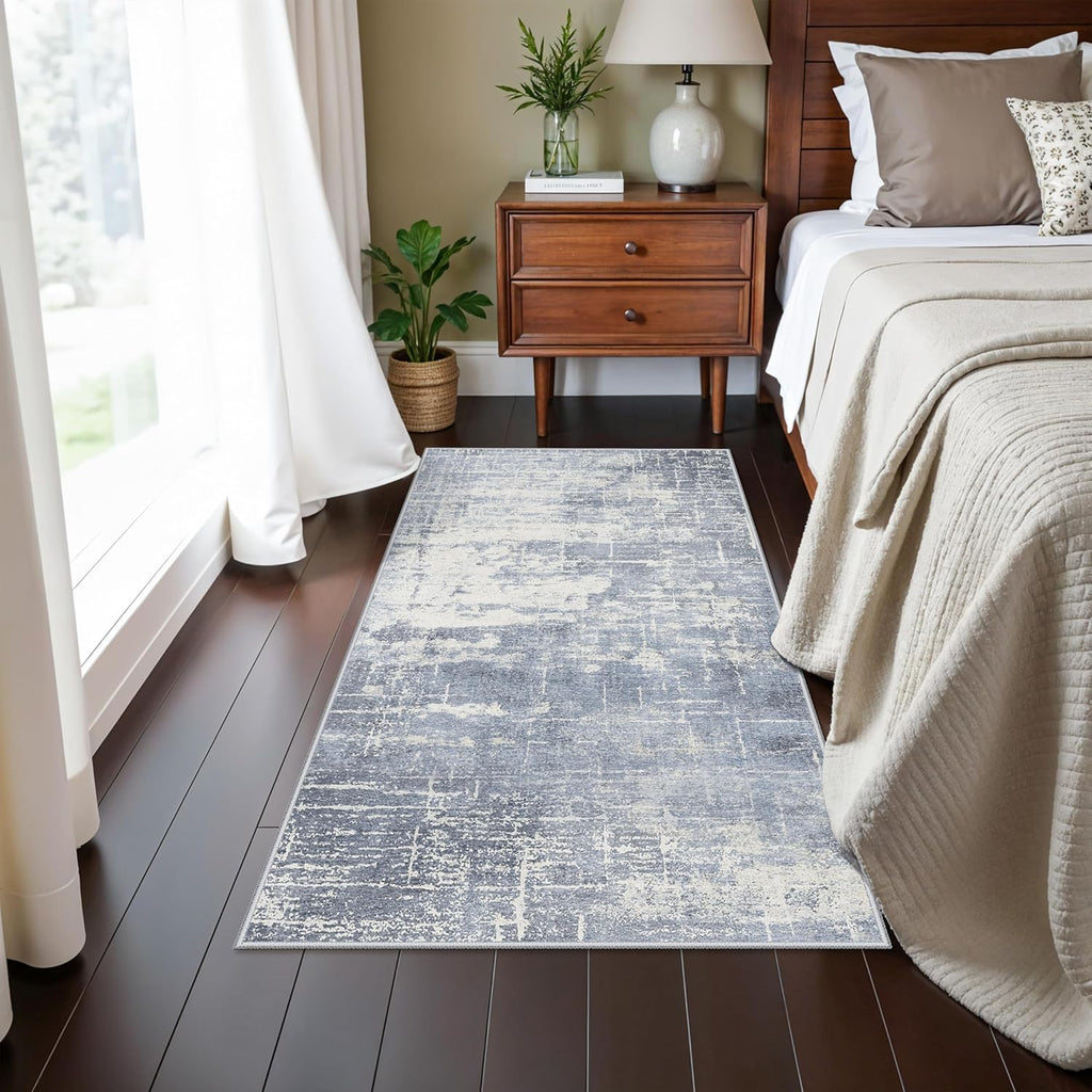 Skiennix Washable Kitchen Area Rug - Abstract Stain-Resistant Non-Slip Design | 2x4 ft, Blue/Ivory