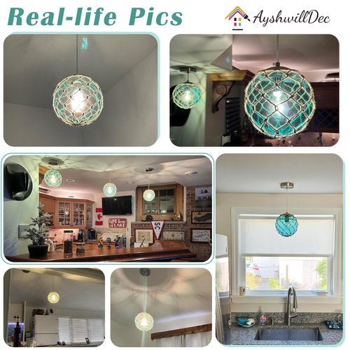 Blue Pendant Light Coastal Pendant Light Nautical Pendant Lighting Beach House Lighting Fixtures Ocean Lighting Fixture Coastal Hanging Light Fixtures Fish Float Glass Ball Lighting(Bulb Incl.