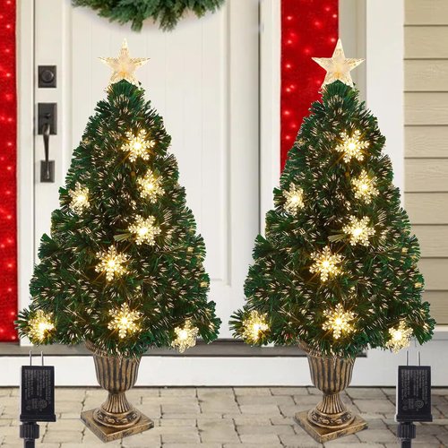 Juegoal Pre-Lit Artificial Christmas Trees - 3 FT Lighted Green Fiber Optic Entrance Trees with Gold Urn Base & 8 Lighting Modes
