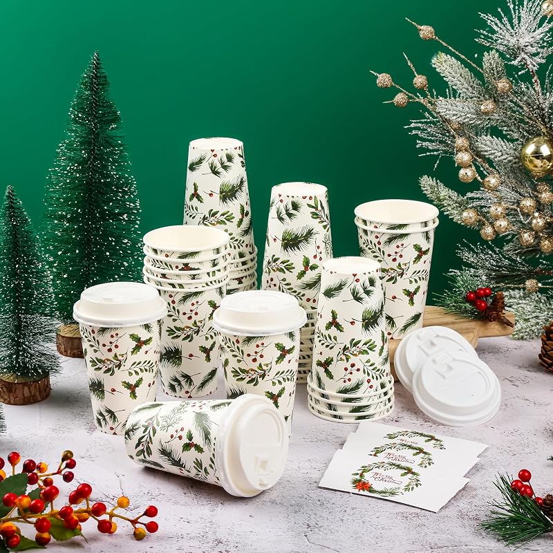 12oz Christmas Holly Berry Disposable Coffee Cups with Lids & Sleeves