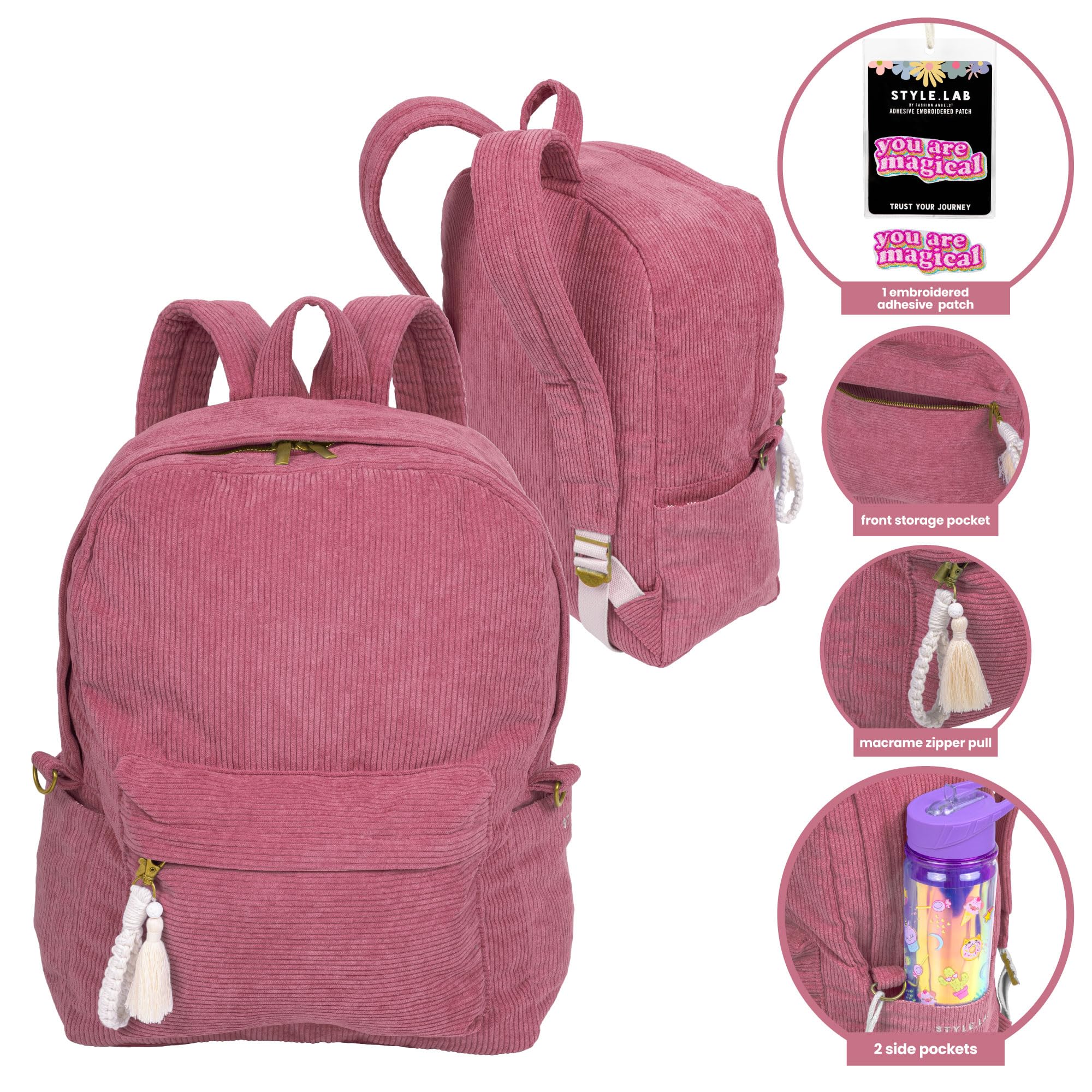 Fashion Angels Style.Lab Backpack for Kids, Corduroy Travel Bookbag with Cute & Stylish Design, Ideal for Girls in School