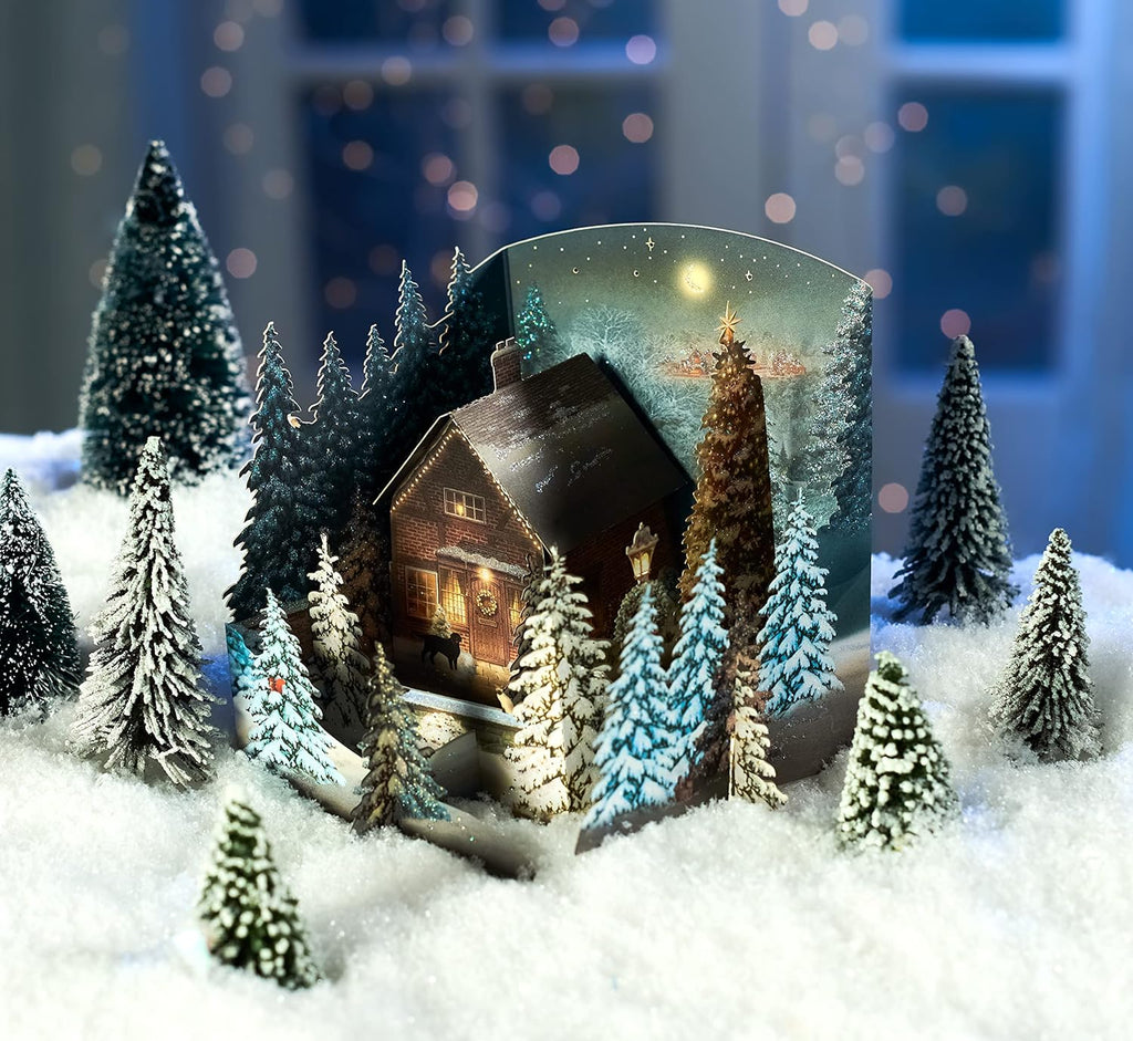 American Greetings 3D Holiday Card - Magic Moments Rustic Cottage in Winter Pine Forest