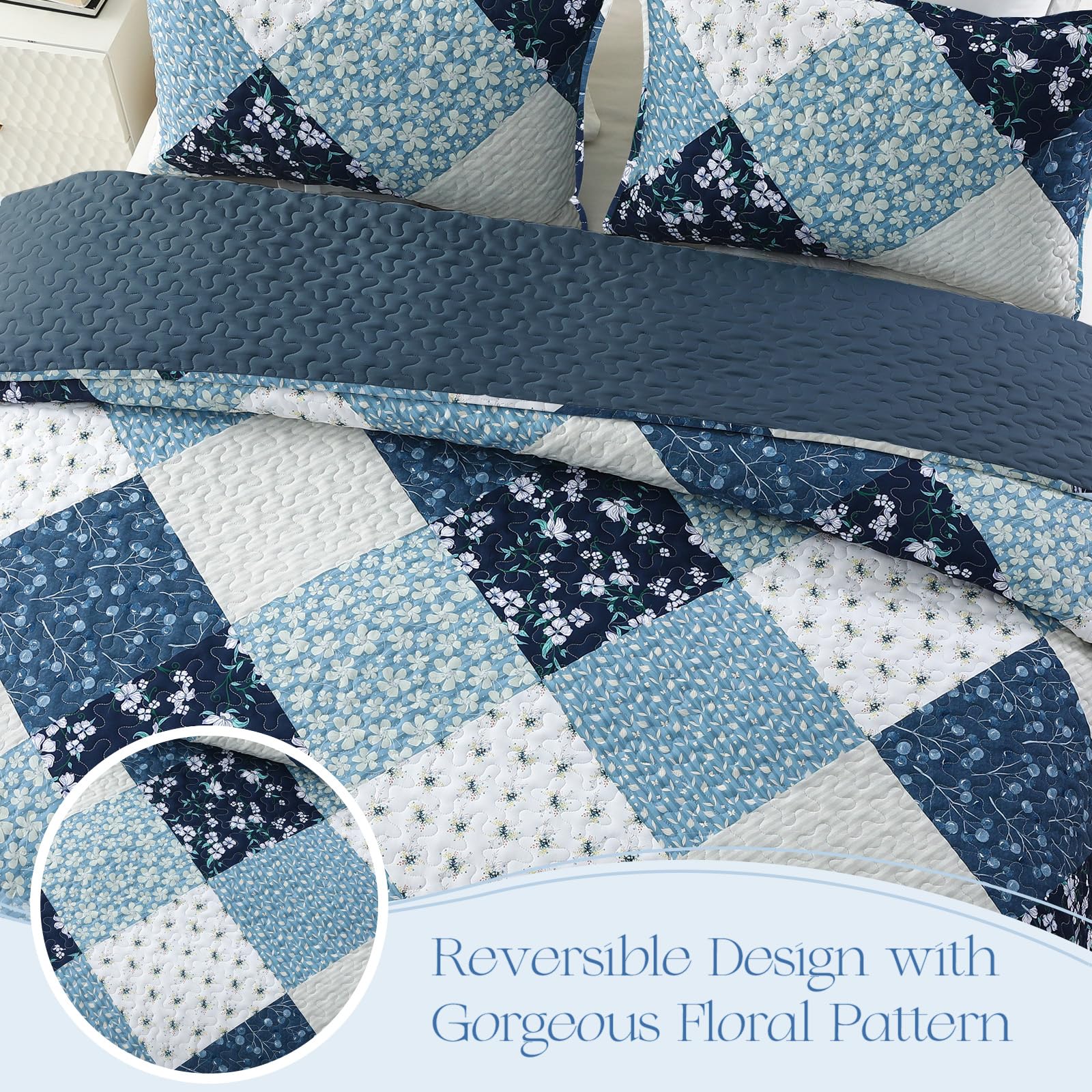 Exclusivo Mezcla Reversible Boho Quilts Twin Size, Blue Bedspreads Lightweight Coverlet All Season Patchwork Quilt Bedding Set with Printed Floral Pattern (1 Quilt, 1 Pillow Sham)