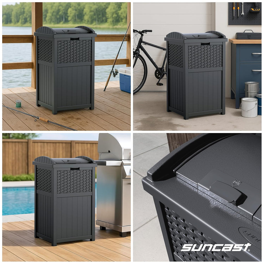 Suncast 33 Gallon Wicker-Style Trash Can - Secure Latching Lid & Weather-Resistant Design | Cyberspace Grey