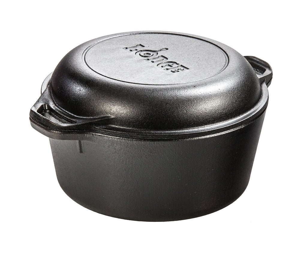 Lodge Cast Iron Double Dutch Oven 5 Quart - Pre-Seasoned 2-in-1 Cast Iron Cookware - Pot & Skillet Combo - Even Heat Retention - Oven-Safe, Versatile Pot