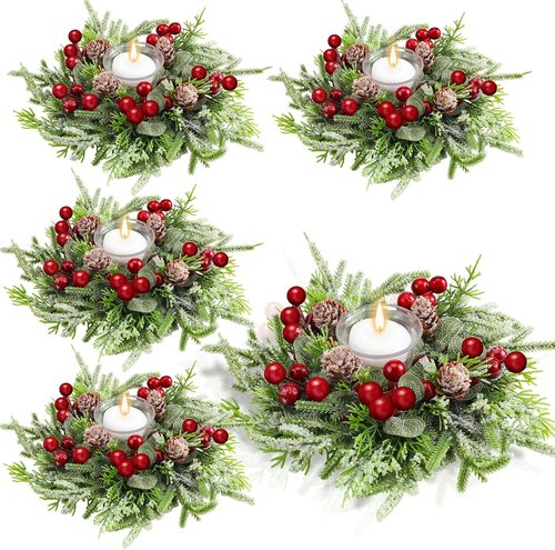 Lyrow Christmas Candle Rings - 4 Pcs Mini Wreaths with Artificial Berries & Snowy Pine | Holiday Decor