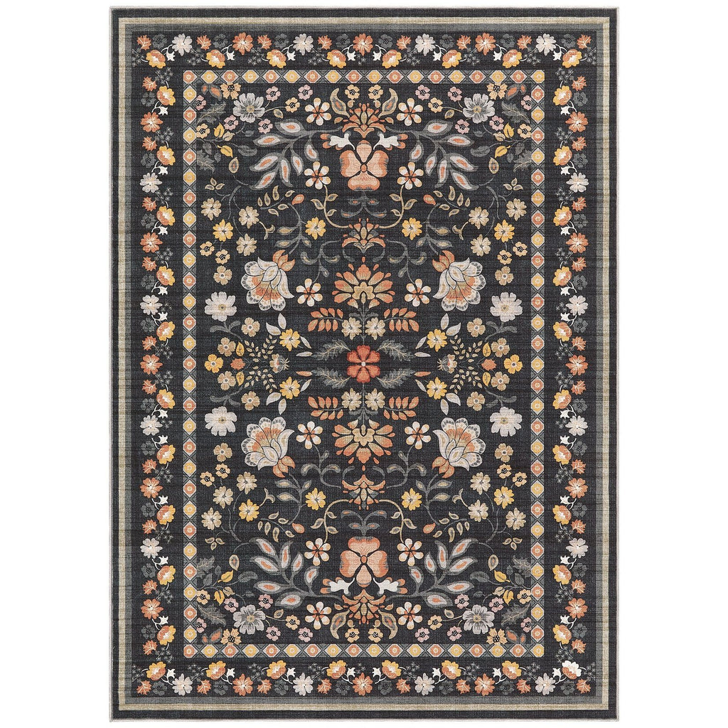 UERMEI Runner Rug for Hallways Kitchen: 2x6 Washable Area Rug Boho Floral Soft Long Rug - Non-Slip Low Pile Throw Indoor Carpet for Entryway Kitchen Bedroom Laundry Bathroom - Black Grey