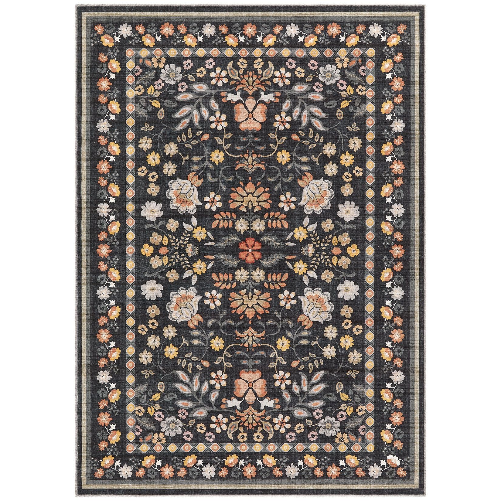 UERMEI Runner Rug for Hallways Kitchen: 2x6 Washable Area Rug Boho Floral Soft Long Rug - Non-Slip Low Pile Throw Indoor Carpet for Entryway Kitchen Bedroom Laundry Bathroom - Black Grey