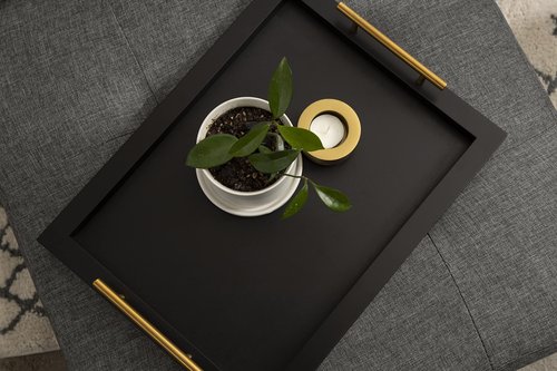 Kate and Laurel Halsey Rectangle Decorative Wooden Tray with Polished Metal Handles; 17 x 13; Black and Gold; Modern Glam Wood Rectangular Serving Tray for Display or Decoration