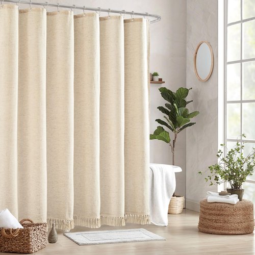 TURKIO Linen Shower Curtain Boho Beige Shower Curtains for Bathroom Thick Fabric Shower Curtain with Tassels Neutral Shower Curtains Rustic Farmhouse Bath Decor 72 Inch