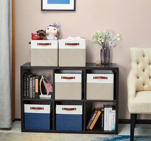 DECOMOMO Fabric Cube Storage Bins - Stylish Organizer Baskets for Kallax Shelves | Beige & White, 11-Inch Cube - 4 Pack