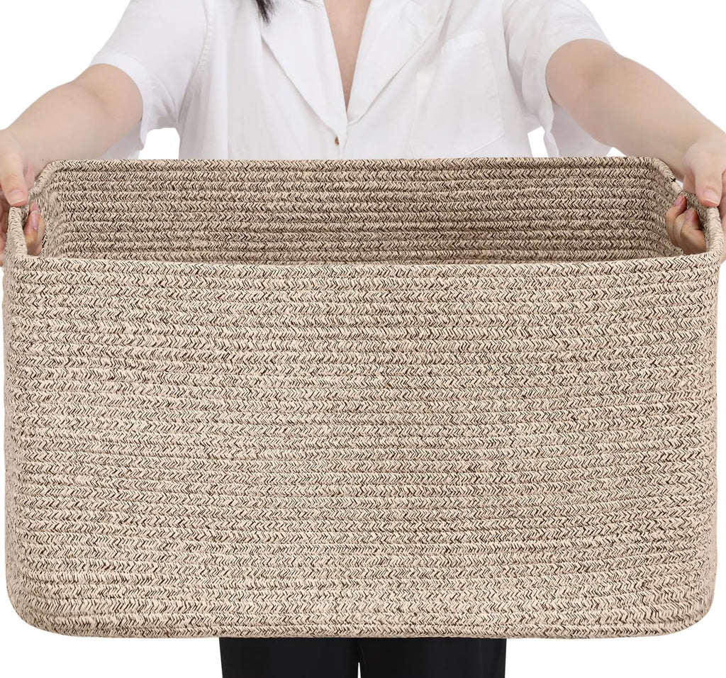 Optish Large Woven Blanket Basket - 75L Storage Solution with Reinforced Handles | Brown, 22” x 17” x 11.5”