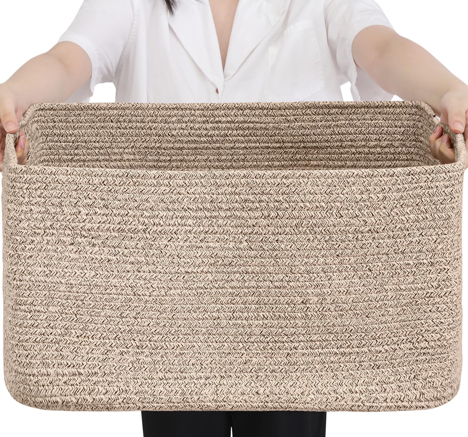 Optish Large Woven Blanket Basket - 75L Storage Solution with Reinforced Handles | Brown, 22” x 17” x 11.5”