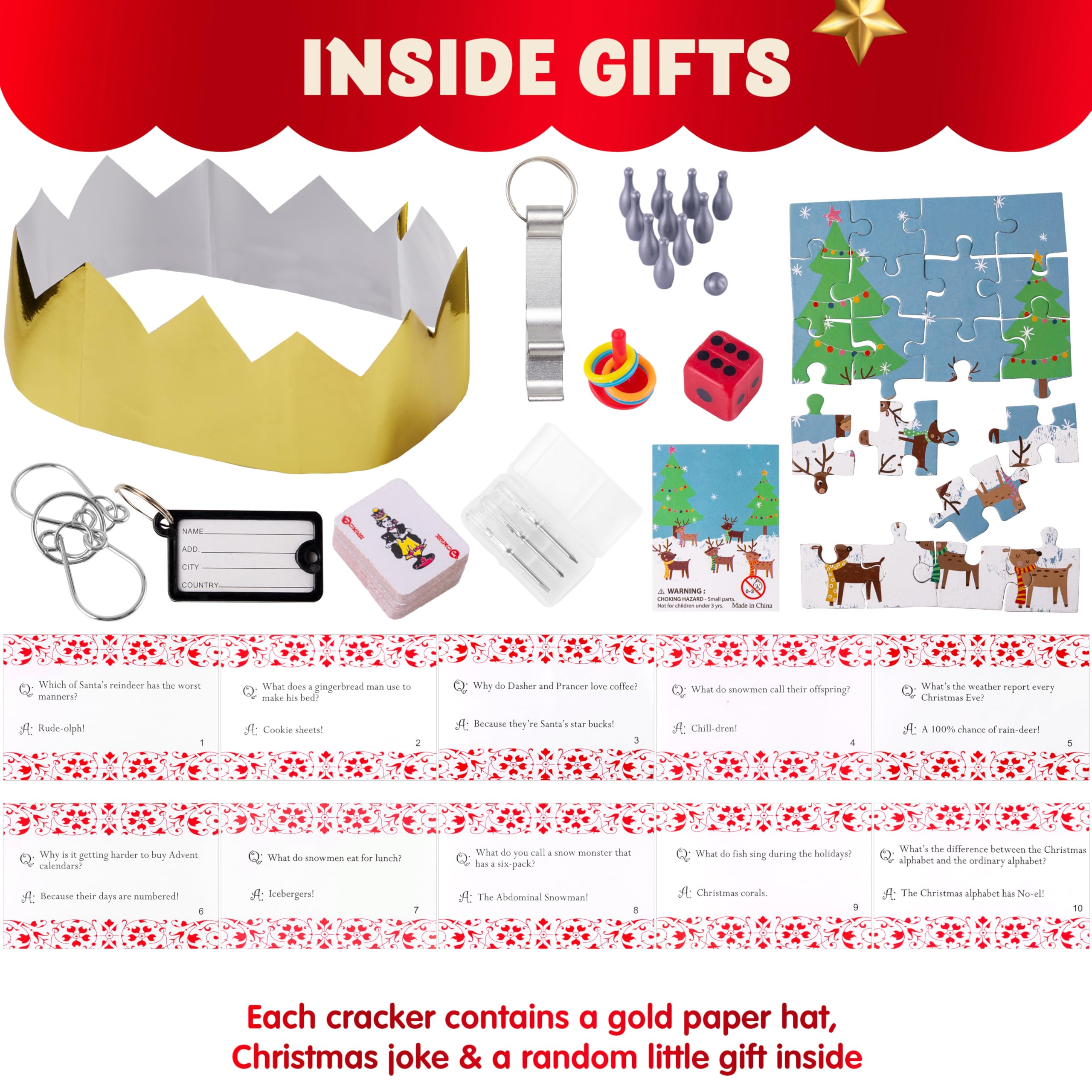 JOYIN 10 Pack Christmas Non-Snap Party Favor, Classic Table Favor Includes Party Hat, Jokes & Gifts, Christmas Table Decorations for Holiday Dinner Traditions Party Supplies