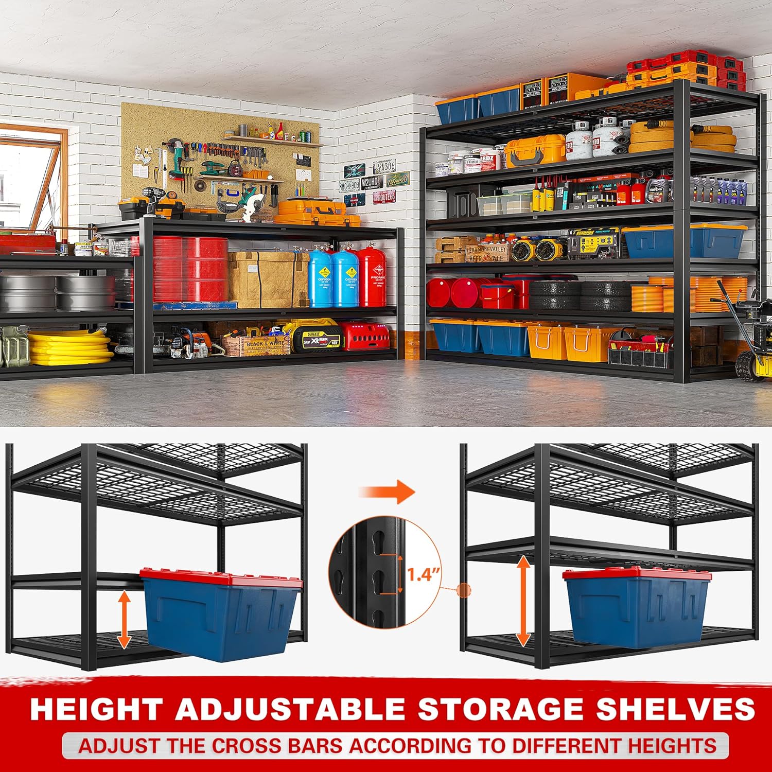 REIBII Heavy Duty Garage Shelving - Adjustable 6-Tier Metal Storage Unit, 55" W x 26" D x 84" H, Black | 3 Pack