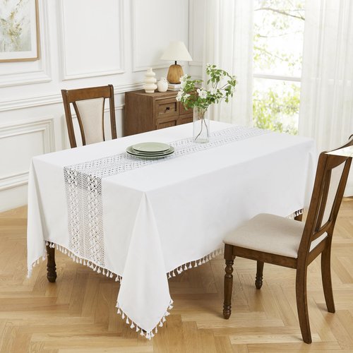LinenZone 70 x 104 Inch White Rectangle Tablecloth with Flower Crochet Middle and Tassels for 8 to 10 People. Macrame Tablecloth for Bohemian Kitchen or Boho Dining Table (Zara 70 x 104, White)