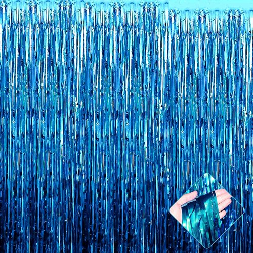 Lake Blue Foil Fringe Curtain Backdrop by [Brand Name] - 4 Pack Metallic Tinsel Streamers | 3.2Ft x 9.8Ft for Parties, Weddings, and Events