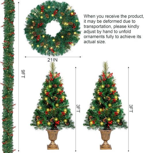 Juegoal Christmas Decorations - 4-Piece Pre-Lit Artificial Entrance Trees Set with Wreath & Garlands | 8 Lighting Modes & Timer for Home Entryway Decor
