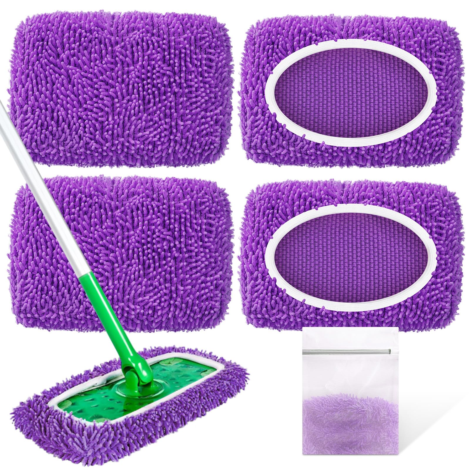 Reusable Mop Pads Compatible with Swiffer Sweeper Mop - Microfiber Dry Sweeping Cloths & Washable Wet Pads Refill Chenille Wet Mopping Cloths for Use on All Sealed Floors Cleaning(Mop is not Included)