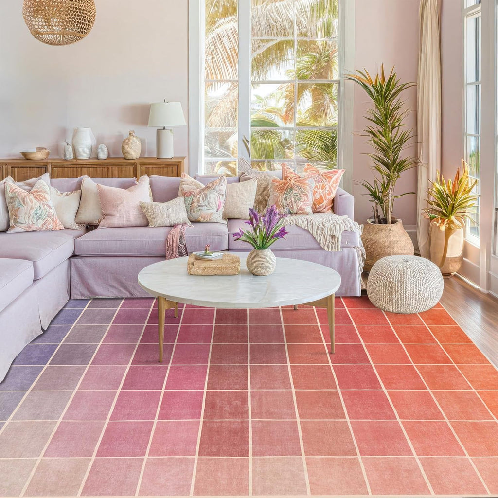 Skiennix Ombre Pink and Orange Area Rug - Washable Non-Slip Design for Living Room | 5x7 Size