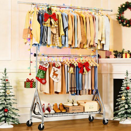 JIEJIERUI Heavy Duty Clothes Rack for Hanging Clothes, Double Rods Clothing Rack with Lockable Wheels, Rolling Garment Racks with Shelf, Easy to Assemble, Silver