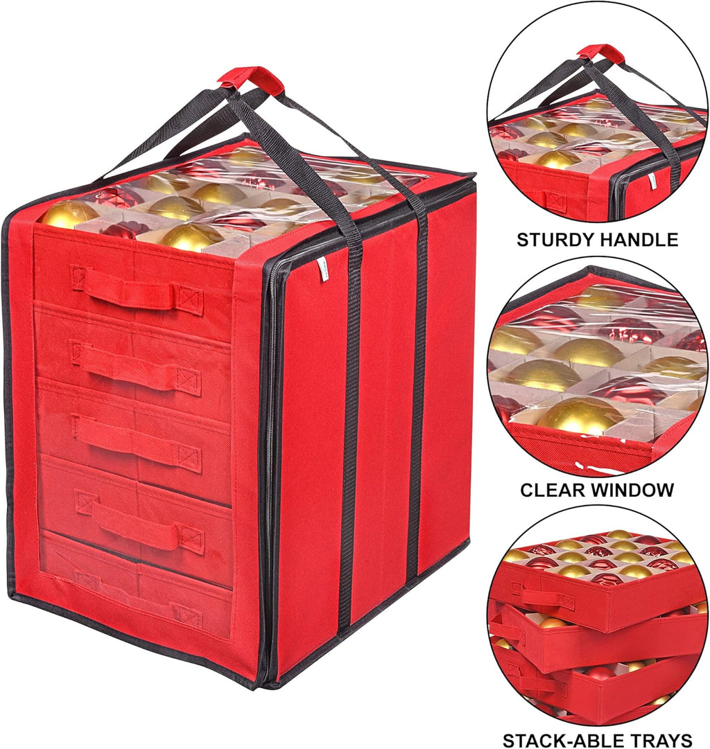 ProPik Christmas Ornament Storage Box - Holds 100 Ornaments with Dividers - Durable Red Organizer