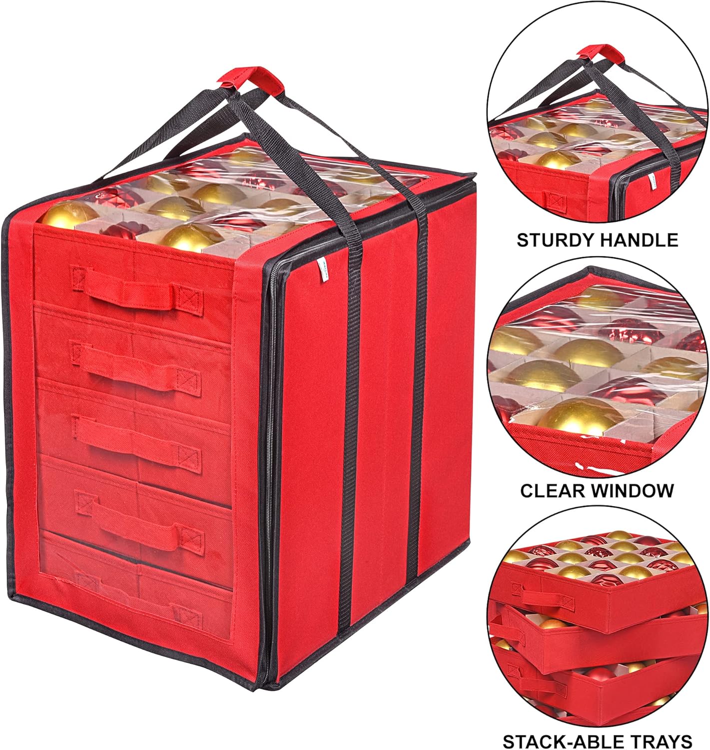 ProPik Christmas Ornament Storage Box - Holds 100 Ornaments with Dividers - Durable Red Organizer