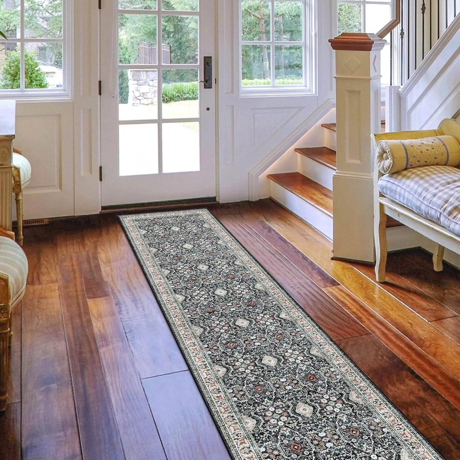 Skiennix Non-Slip Runners - Washable Ultra Soft Vintage Kitchen Rug | 2x12 Black Area Mat for Hallways & Living Rooms