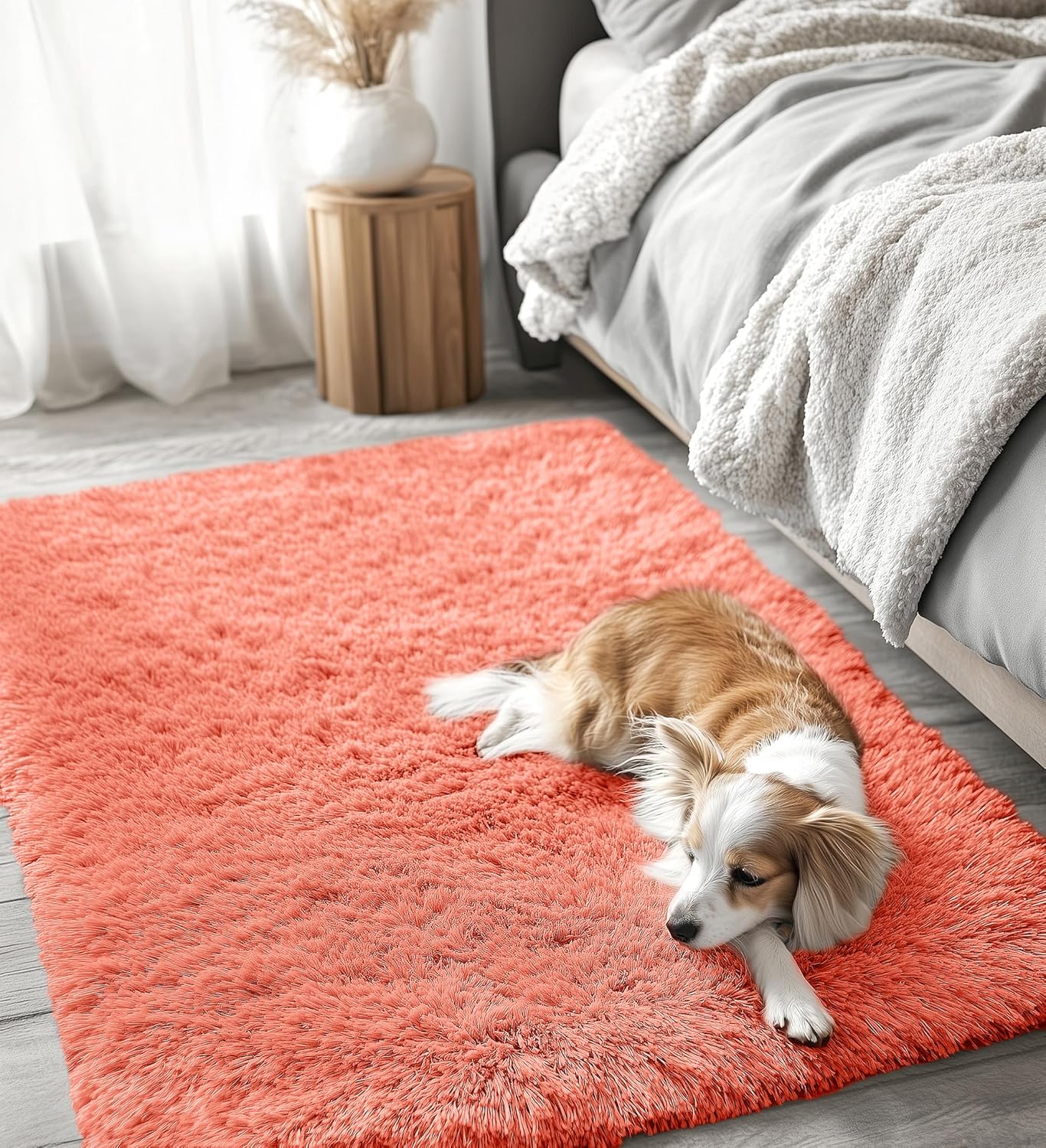 OLANLY 3x5 Soft Fluffy Shaggy Bedside Rug - Machine Washable Indoor Carpet for Kids & Nursery | Coral Red