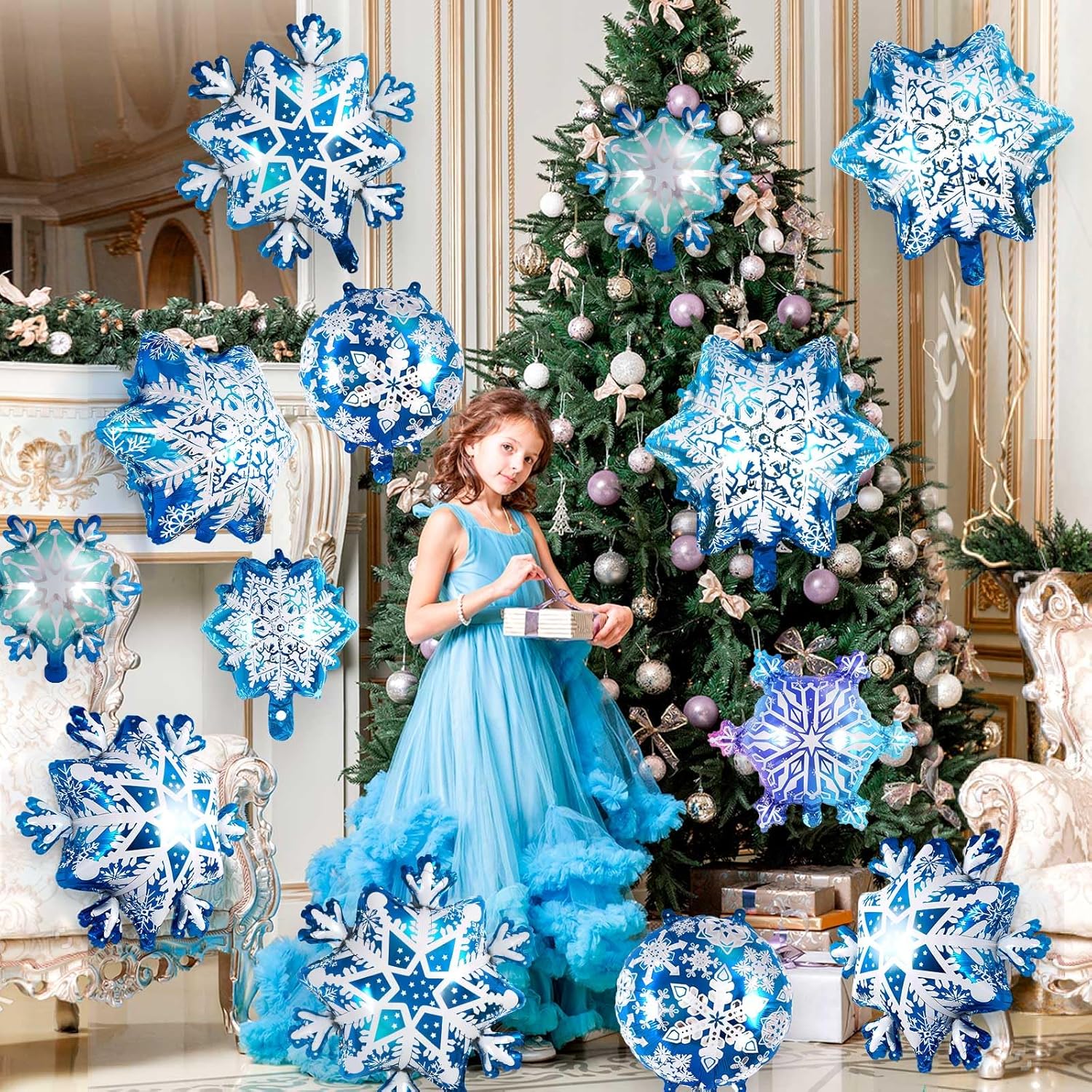 Snowflake Balloons - 24 Pcs Large Foil Balloons | Frozen Snowflake Mylar for Winter Wonderland Parties