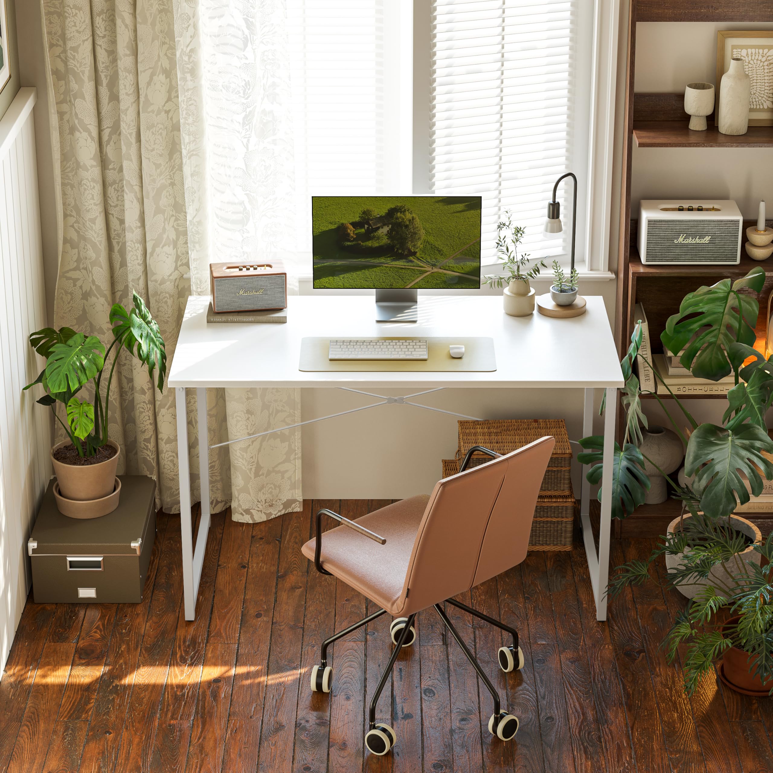 Cubiker Computer Desk, 47 inch Small Home Office Desk for Small Spaces, Modern Simple Style for Home, Office, Warm White