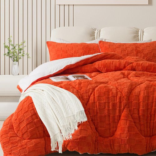 ELNIDO QUEEN® Fluffy Comforter Set King, Burnt Orange Winter Fleece Comforter Ultra Soft & Extra Pluffy Plush Comforter Set, Cozy Fuzzy Bed Comforter 3 Pieces (1Comforter, 2 Pillowcases),102x90 inch