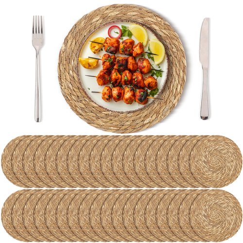 Kochorie Set of 36 Round Woven Placemats 13.8 Inch Bulrush Placemats Natural Handwoven Boho Rattan Wicker Table Mats for Farmhouse & Home Dining