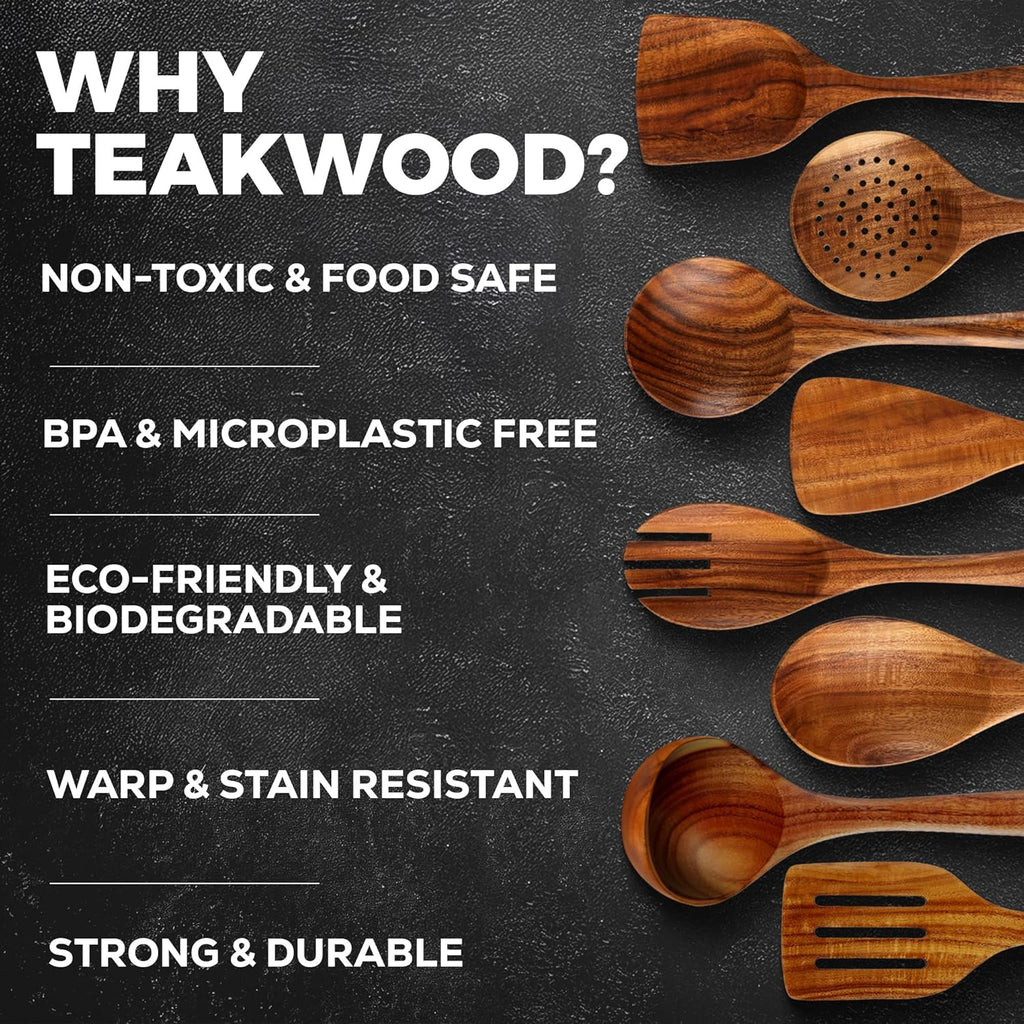 Zulay Kitchen 12-Piece Teak Wooden Utensil Set - Premium Non-Stick Cooking Tools in Gift Box