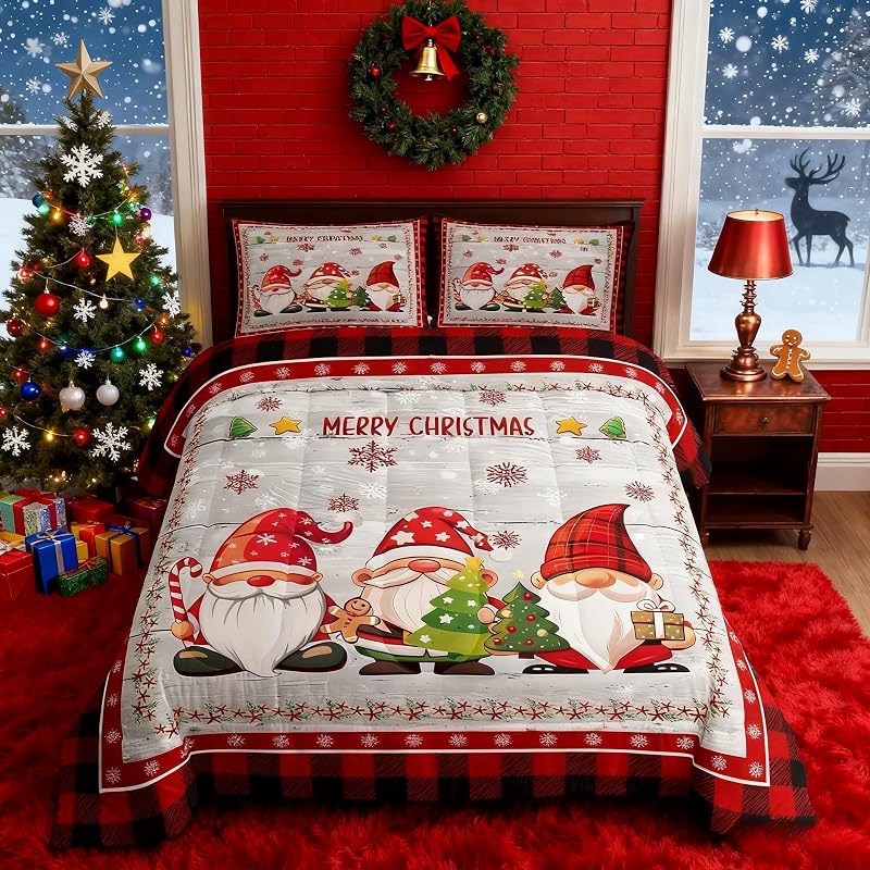 Multi 06 Twin Comforter Set - Merry Christmas Gnomes Snowflake Bedding, 68x90 Twin