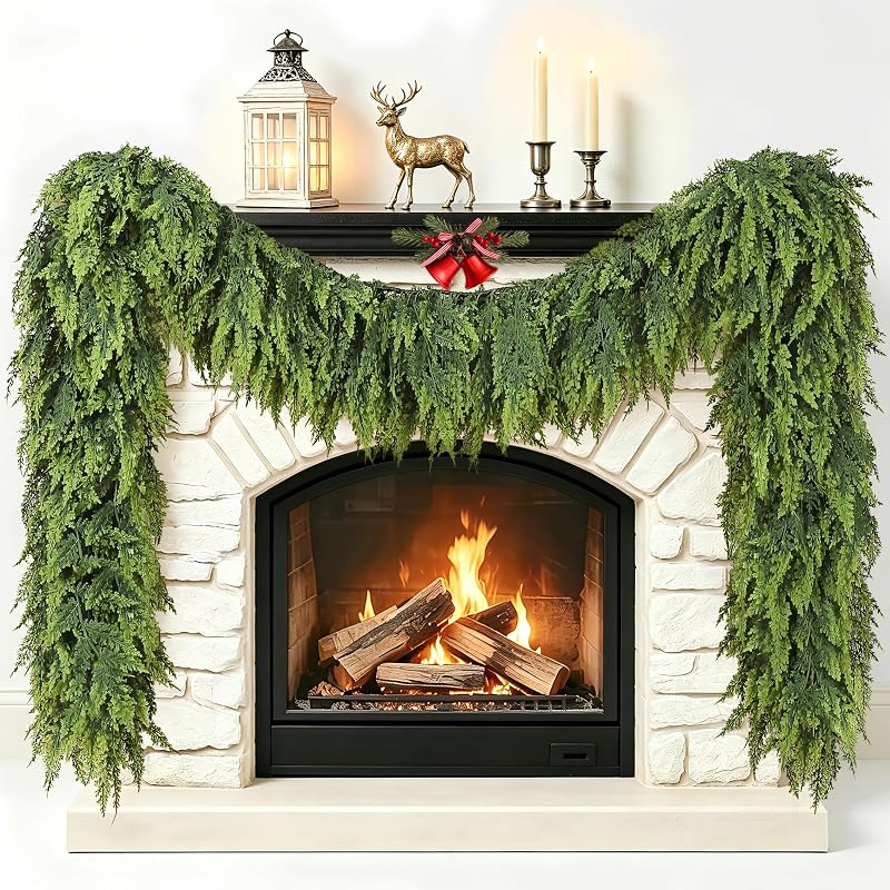 Christmas Cedar Garland 6ft Real Touch Upgrade Large Branches - Lush Faux Pine for Mantle & Holiday Decor (Variation: Christmas Green+1+6ft)