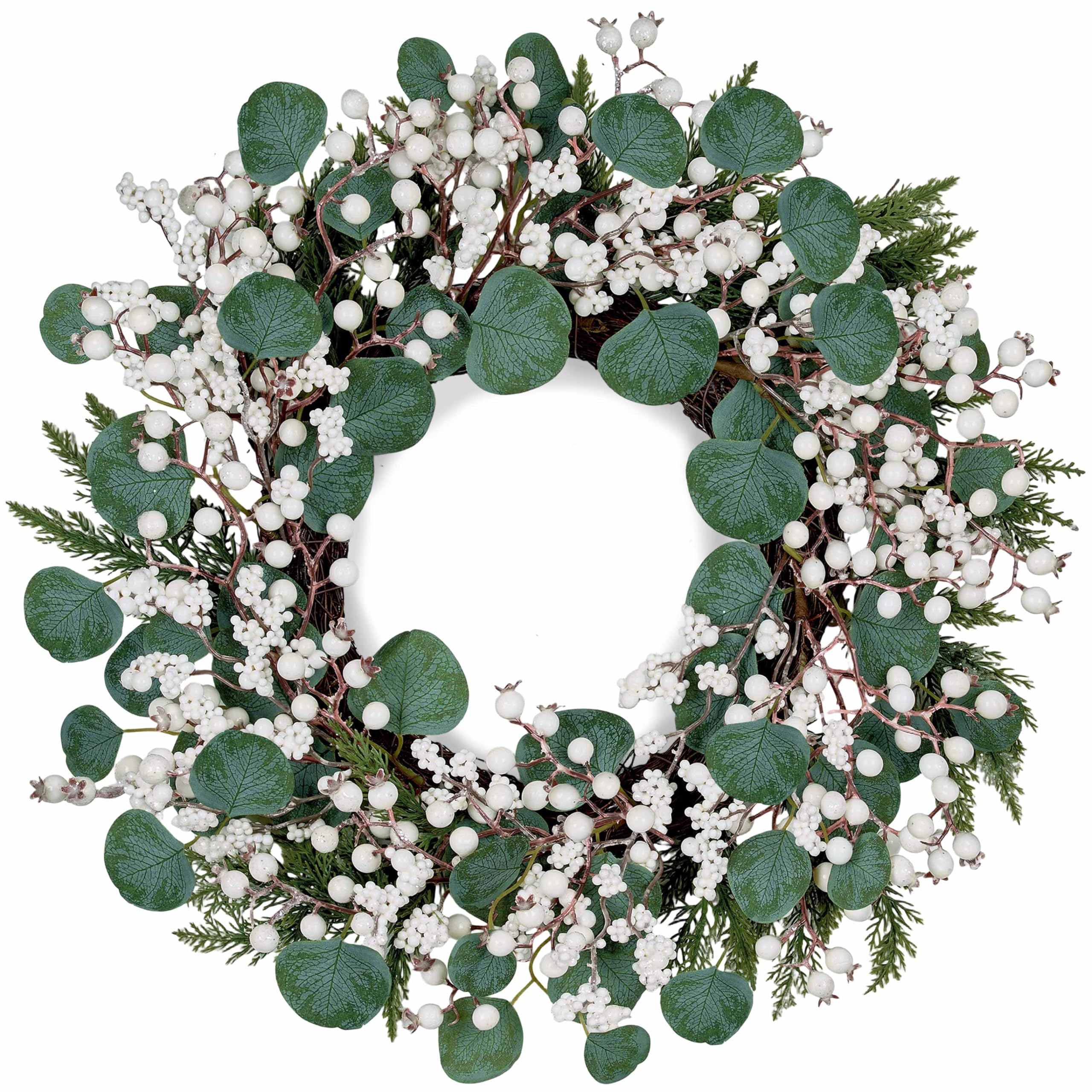 WSTPUPU Artificial Winter Wreath 22inch Christmas Wreaths for Front Door White Berry Wreath with Eucalyptus Leaves Pine Needles White Berries for Xmas Wall Farmhouse Window Winter Holidays