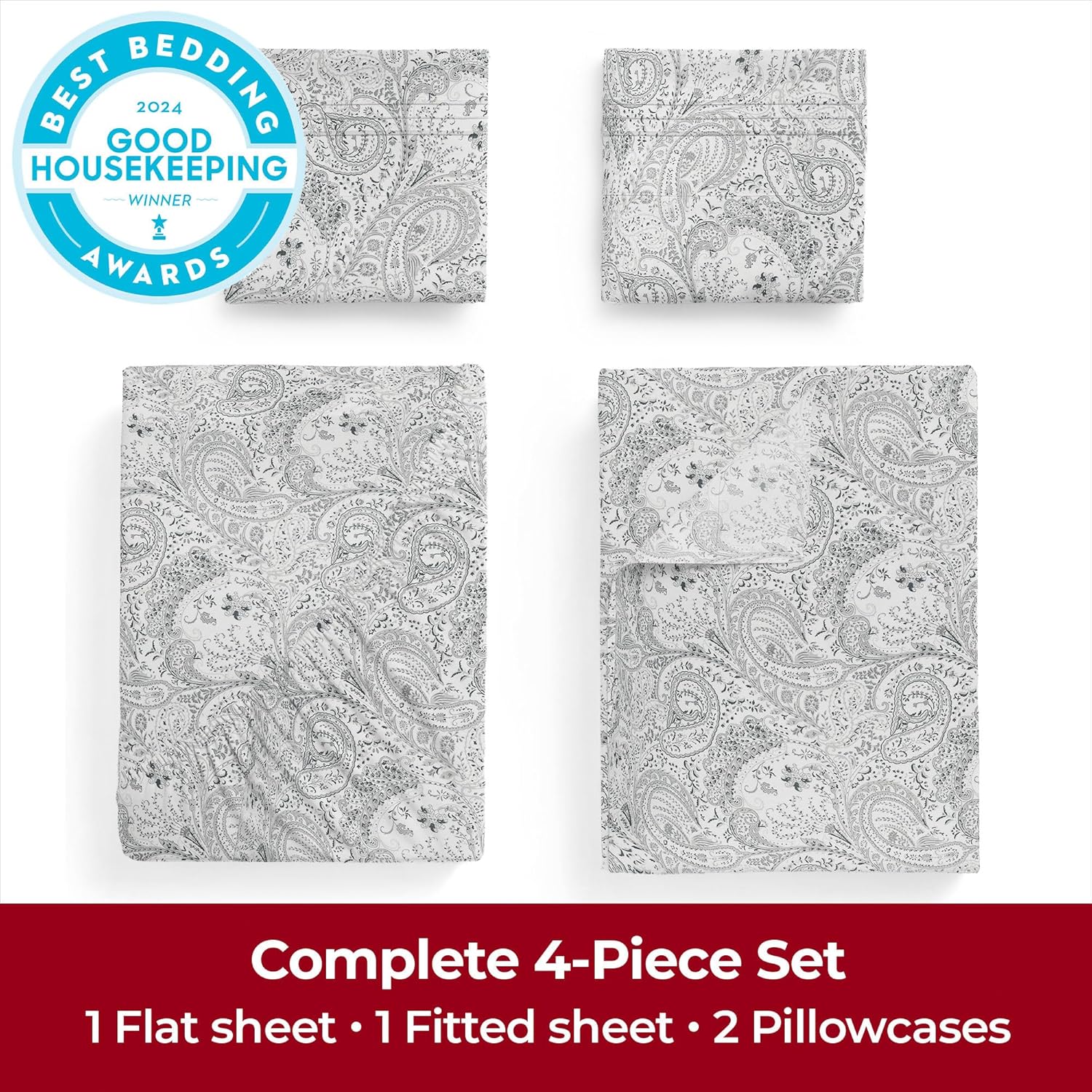 Mellanni Extra Deep Queen Sheets | 4 PC Hotel Luxury Bedding - Ultra Soft, Cooling, Wrinkle Resistant (Queen, Paisley Gray)
