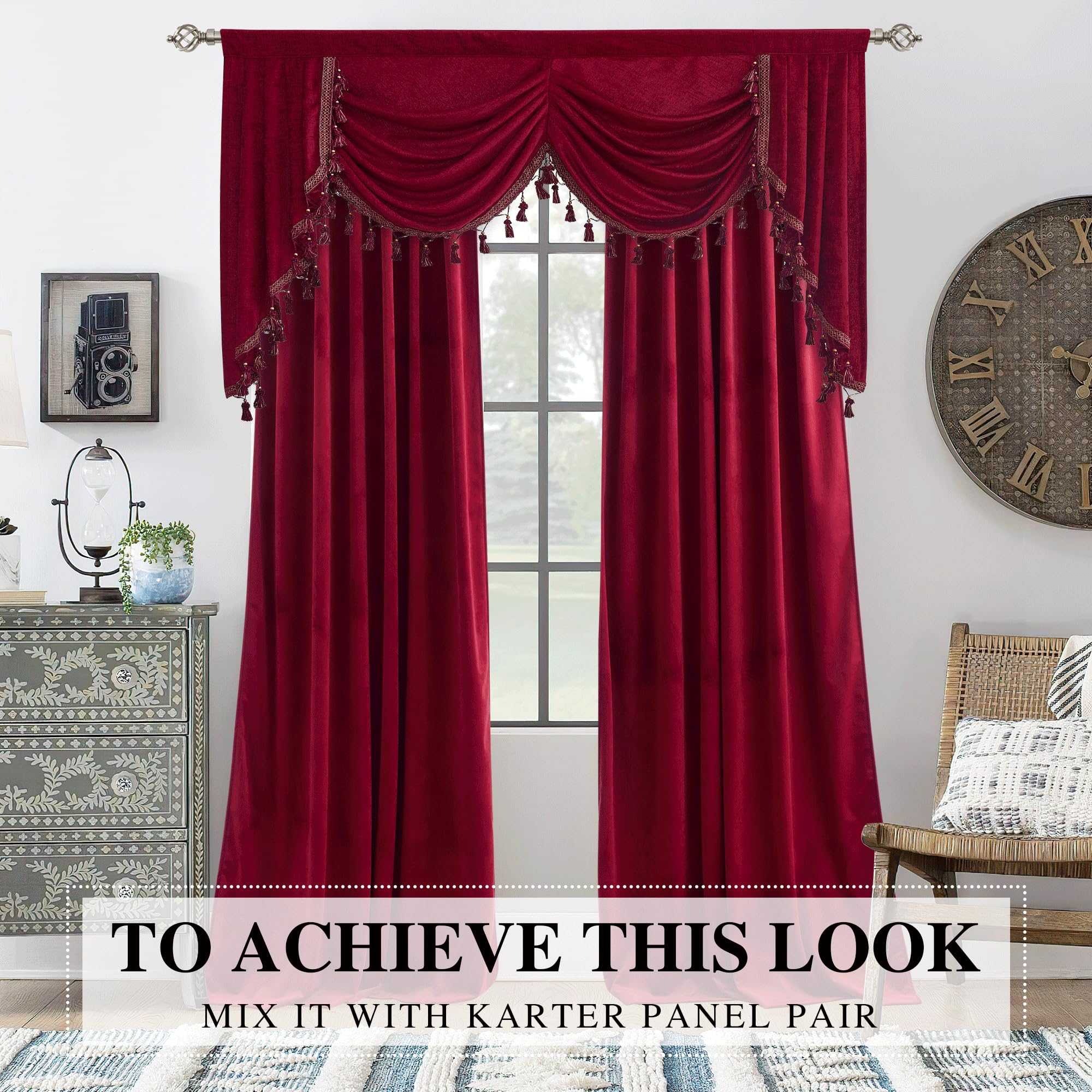 NICETOWN Blackout Kitchen Tier Curtains - Rod Pocket Waterfalll Valance/Swags for Basement Thermal Insulated Luxury Thick Chenille Curtain Valances for Bedroom (1 Panel, 39 Inches Wide, Red)