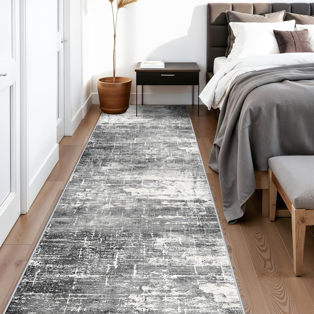 Skiennix Abstract 14ft Long Runner Rug - Non-Slip, Washable, Low-Pile | Soft Black/Grey Indoor Carpet (2'6"x14')