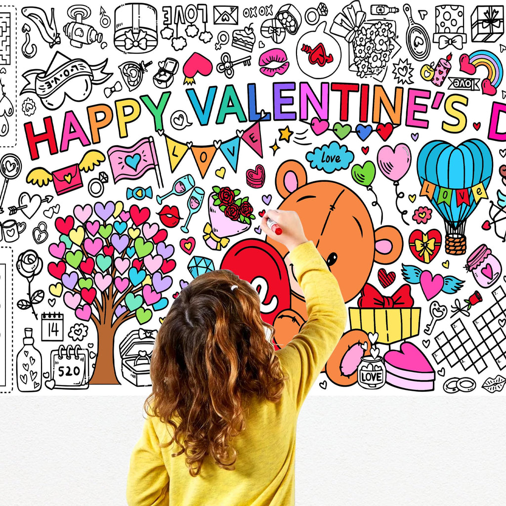 EUVBOKW Giant Valentine's Day Coloring Tablecloth, Large Happy Valentine Coloring Poster for Home Birthday Party Supplies, 30x72 Inches