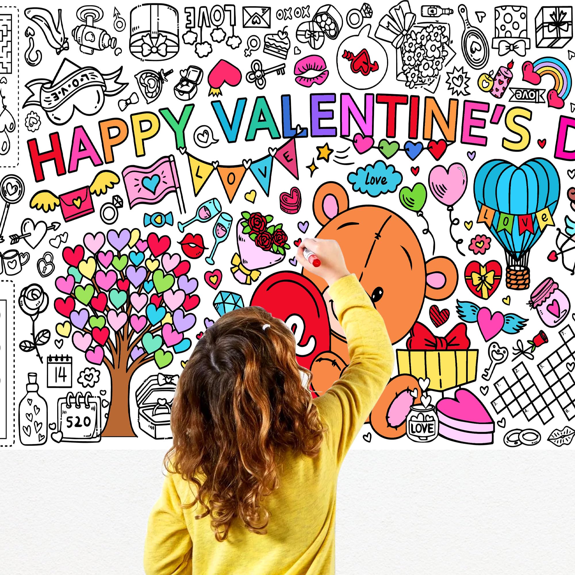 EUVBOKW Giant Valentine's Day Coloring Tablecloth, Large Happy Valentine Coloring Poster for Home Birthday Party Supplies, 30x72 Inches